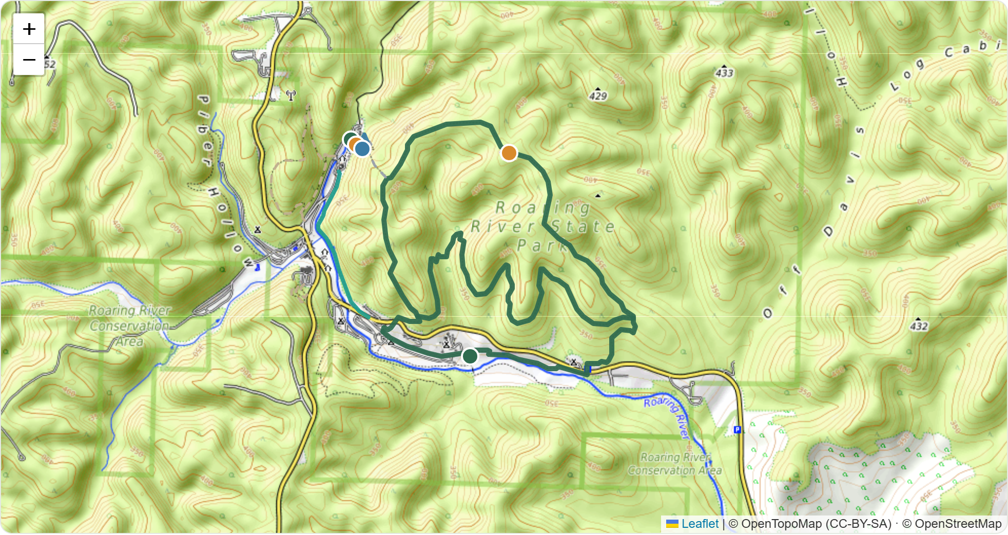 Roaring River topo trail map with Fire Tower, Deer Leap and River trails and parking